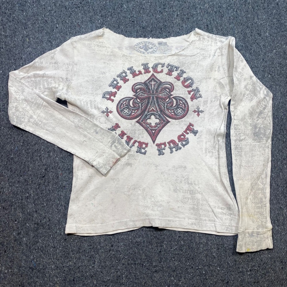 AfflictionLive Fast Tee Sz M Womens White Grunge Goth‎ Wings Thermal Long Sleeve